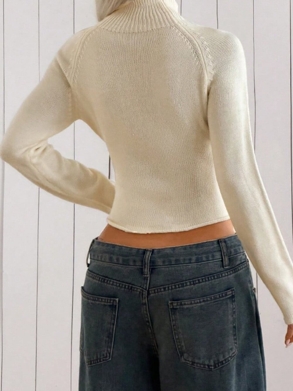 Apricot Casual Women's Stand Collar Studded Slim Fit Raglan Sleeve Crop Knit Top - Picture 2 of 11
